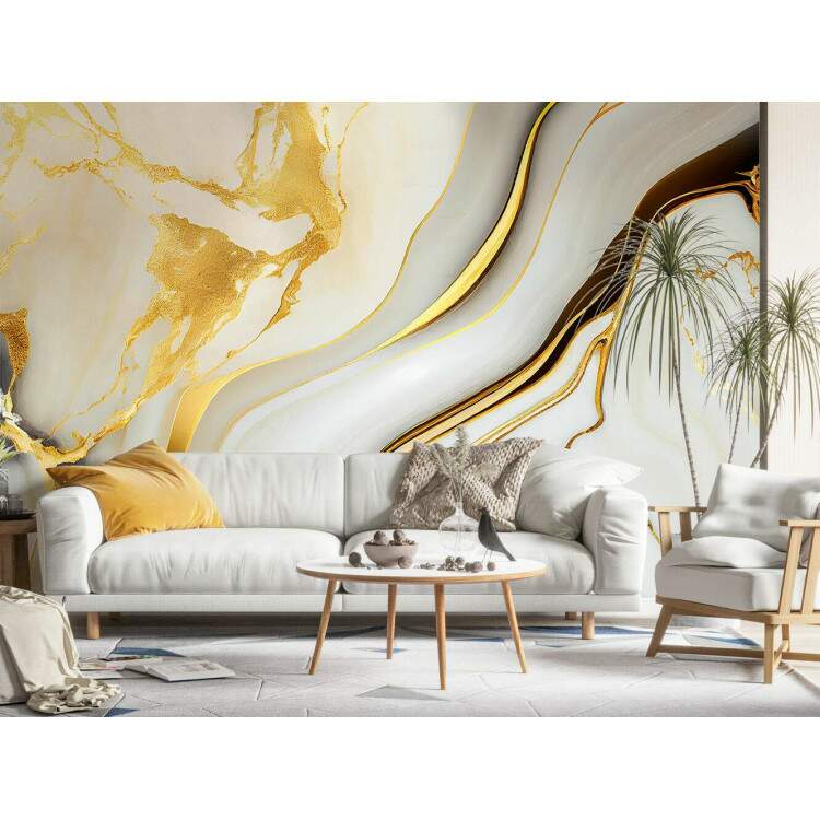 Papel de Parede Mrmore Estilo Ondas em Dourado e Branco MP