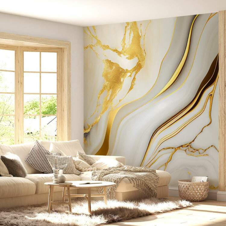 Papel de Parede Mrmore Estilo Ondas em Dourado e Branco MP