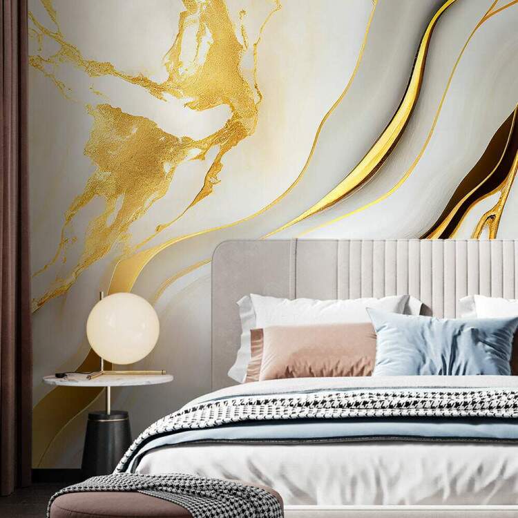 Papel de Parede Mrmore Estilo Ondas em Dourado e Branco MP