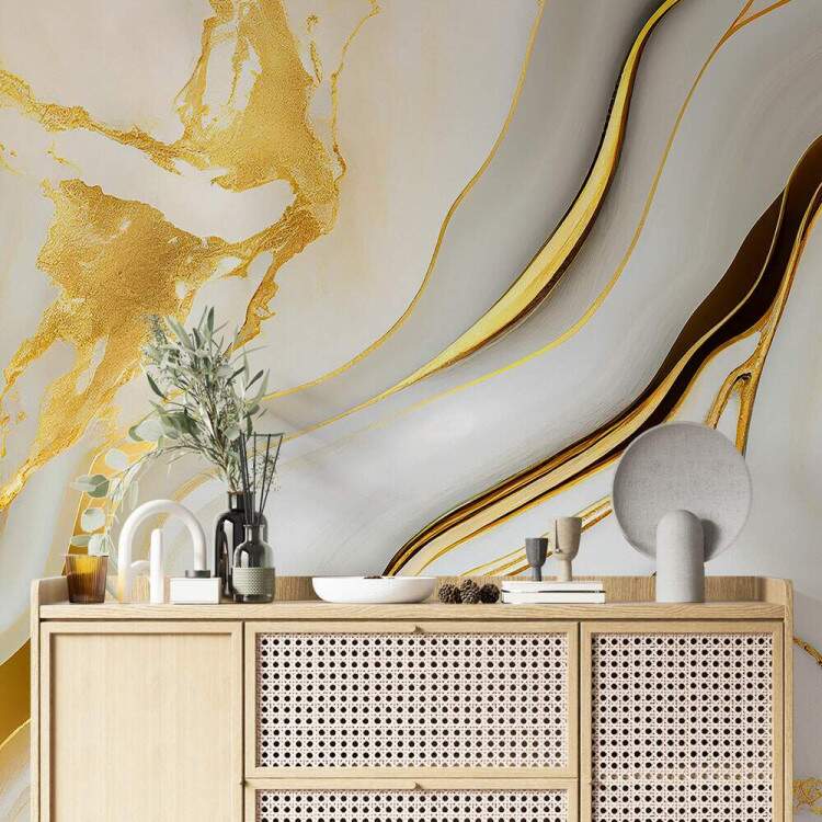 Foto Mural Mrmore Estilo Ondas em Dourado e Branco MP