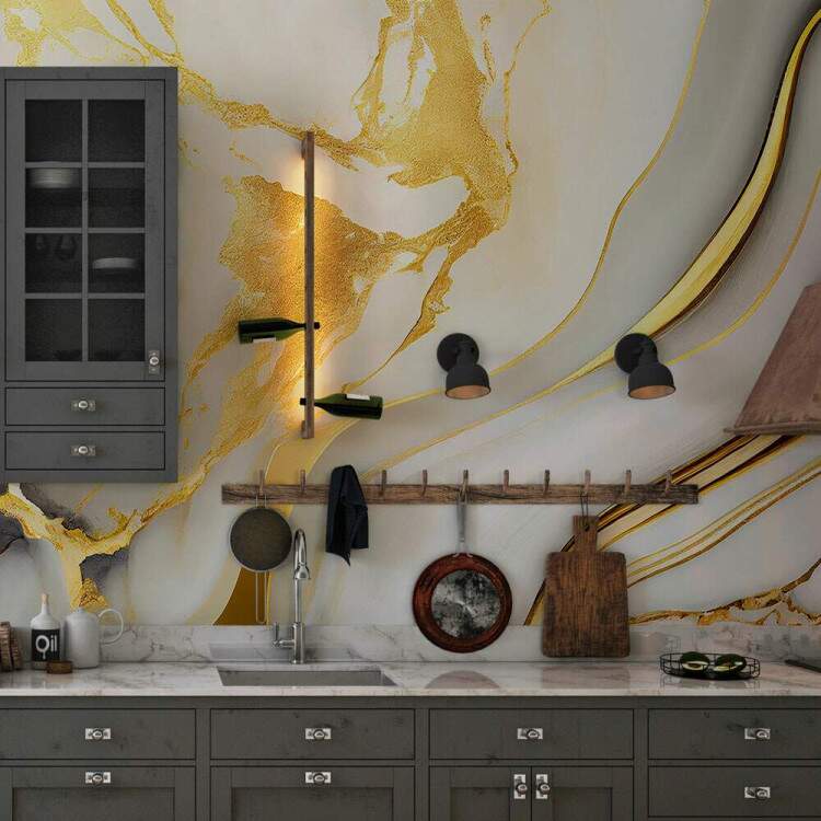 Papel de Parede Mrmore Estilo Ondas em Dourado e Branco MP