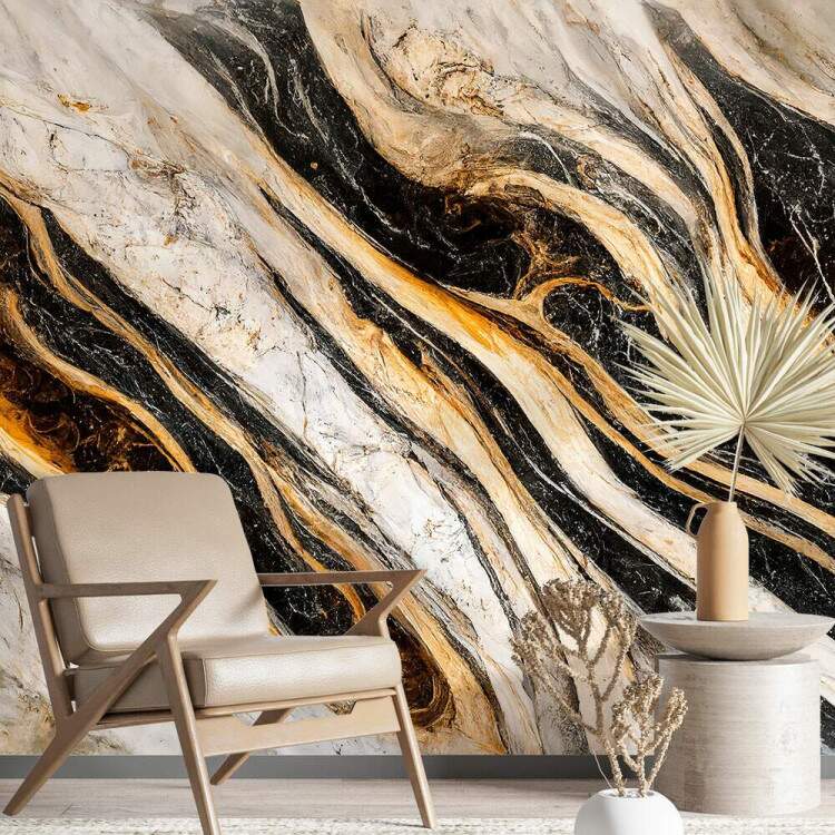 Papel de Parede Mrmore Estilo Pintura Preto, Bege e Dourado MP