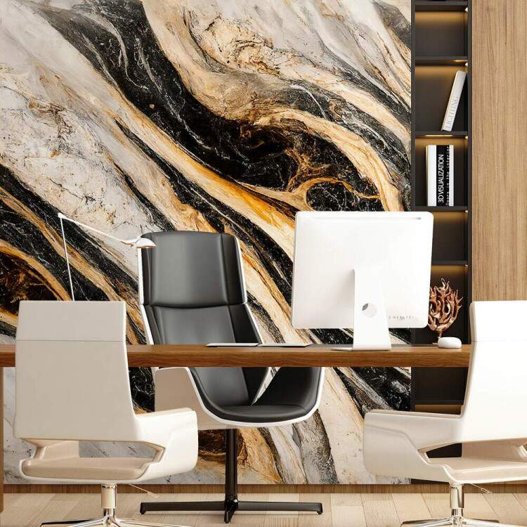 Papel de Parede Mrmore Estilo Pintura Preto, Bege e Dourado MP