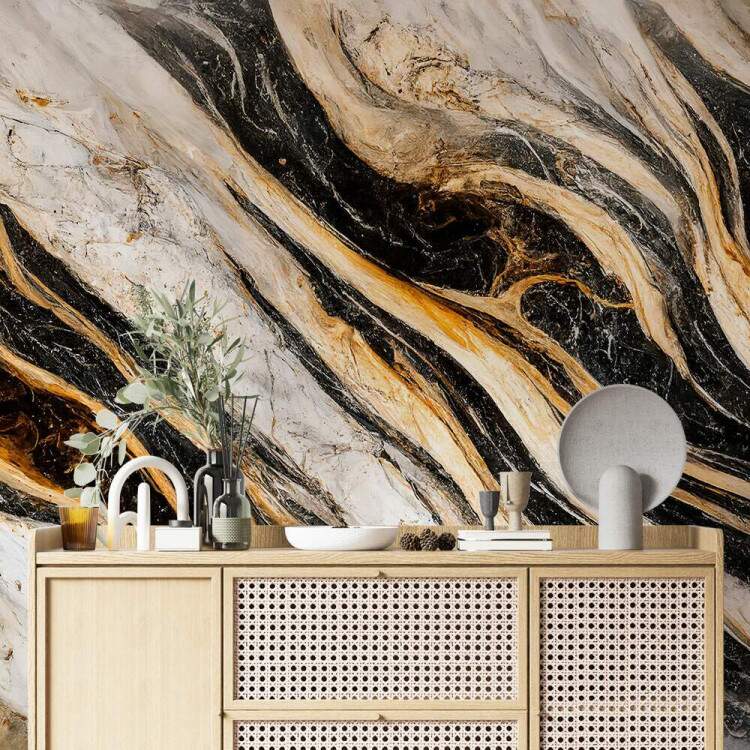 Papel de Parede Mrmore Estilo Pintura Preto, Bege e Dourado MP