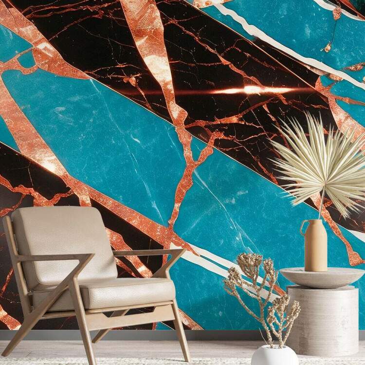 Papel de Parede Mrmore Estilo Pintura Preto, Azul e Rose MP