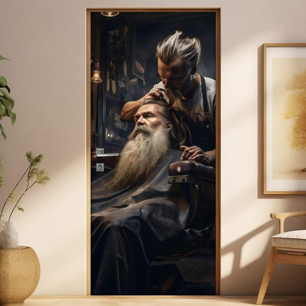 Adesivo Para Porta de Barbearia Barbeiro Fazendo Barba