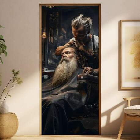 Adesivo Para Porta de Barbearia Barbeiro Fazendo Barba