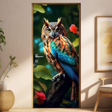 Adesivo Para Porta Coruja com Asa Colorida em Floresta