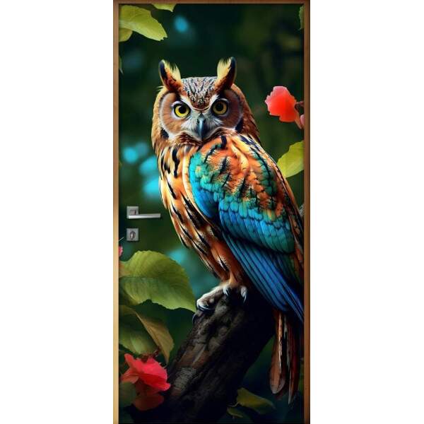 Adesivo Para Porta Coruja com Asa Colorida em Floresta