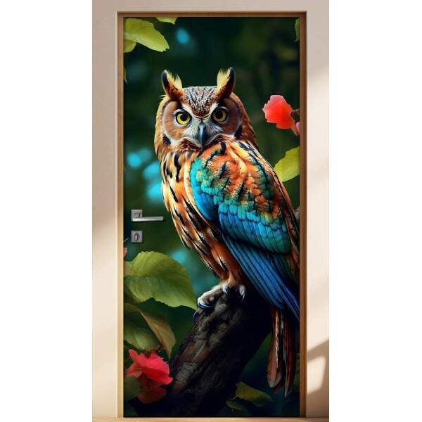 Adesivo Para Porta Coruja com Asa Colorida em Floresta