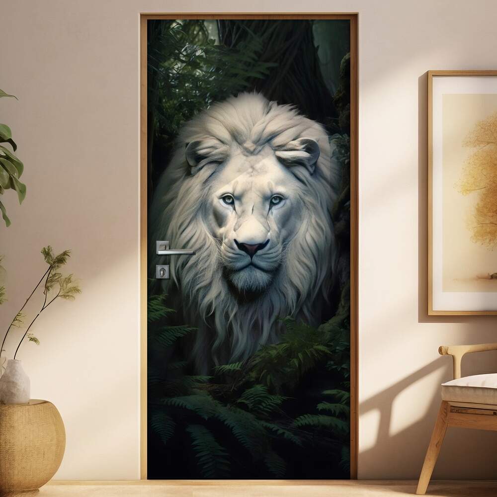 Adesivo Para Porta Leo Todo Branco Majestoso em Floresta