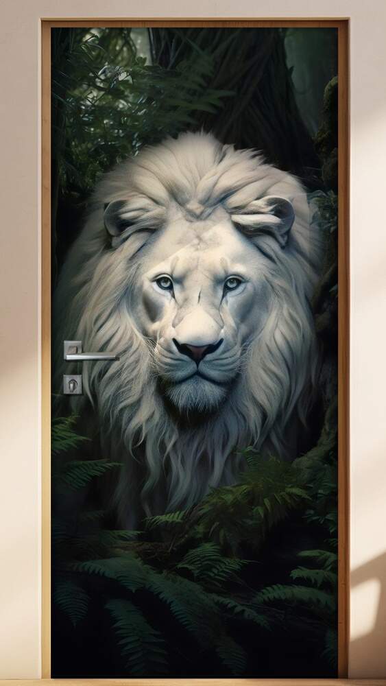 Adesivo Para Porta Le�o Todo Branco Majestoso em Floresta