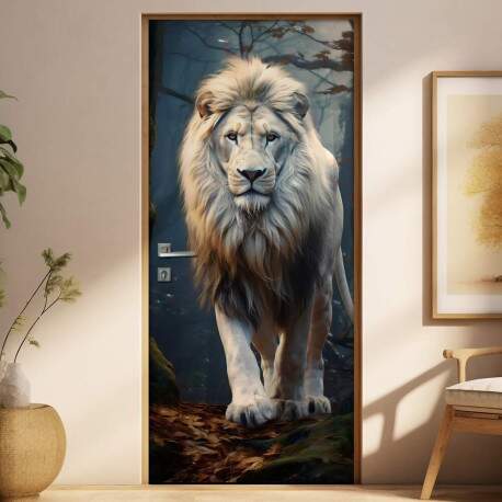 Adesivo Para Porta Leo Todo Branco Majestoso Caminhando