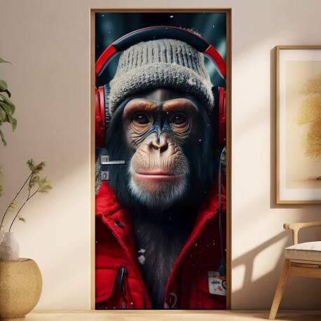 Adesivo Para Porta Macaco com Roupa e Fone Vermelho