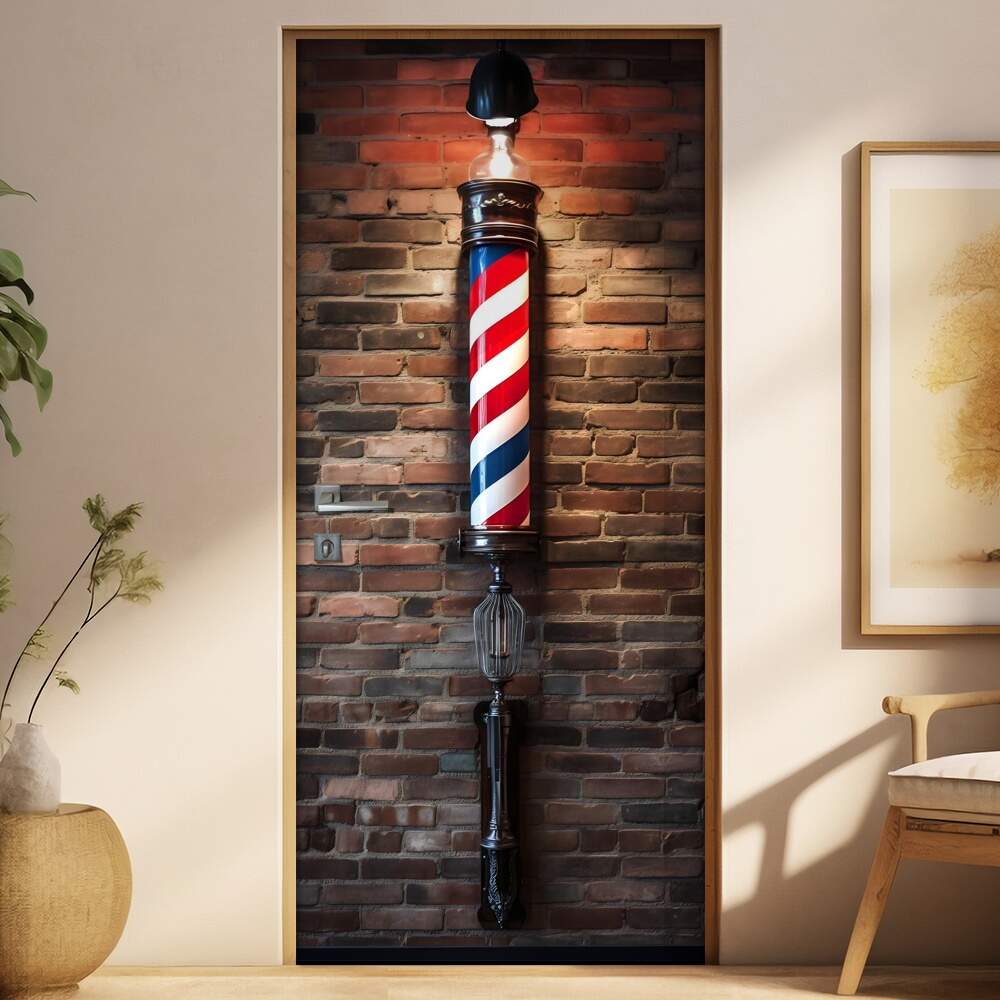 Adesivo Para Porta Parede de Tijolinho com Poste de Barbearia