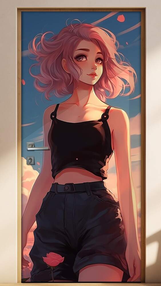 Adesivo Para Porta Anime Garota de Cabelos Rosas