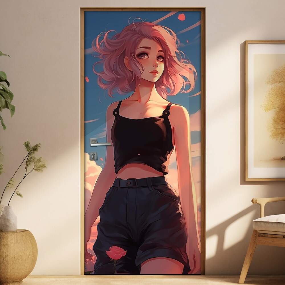 Adesivo Para Porta Anime Garota de Cabelos Rosas