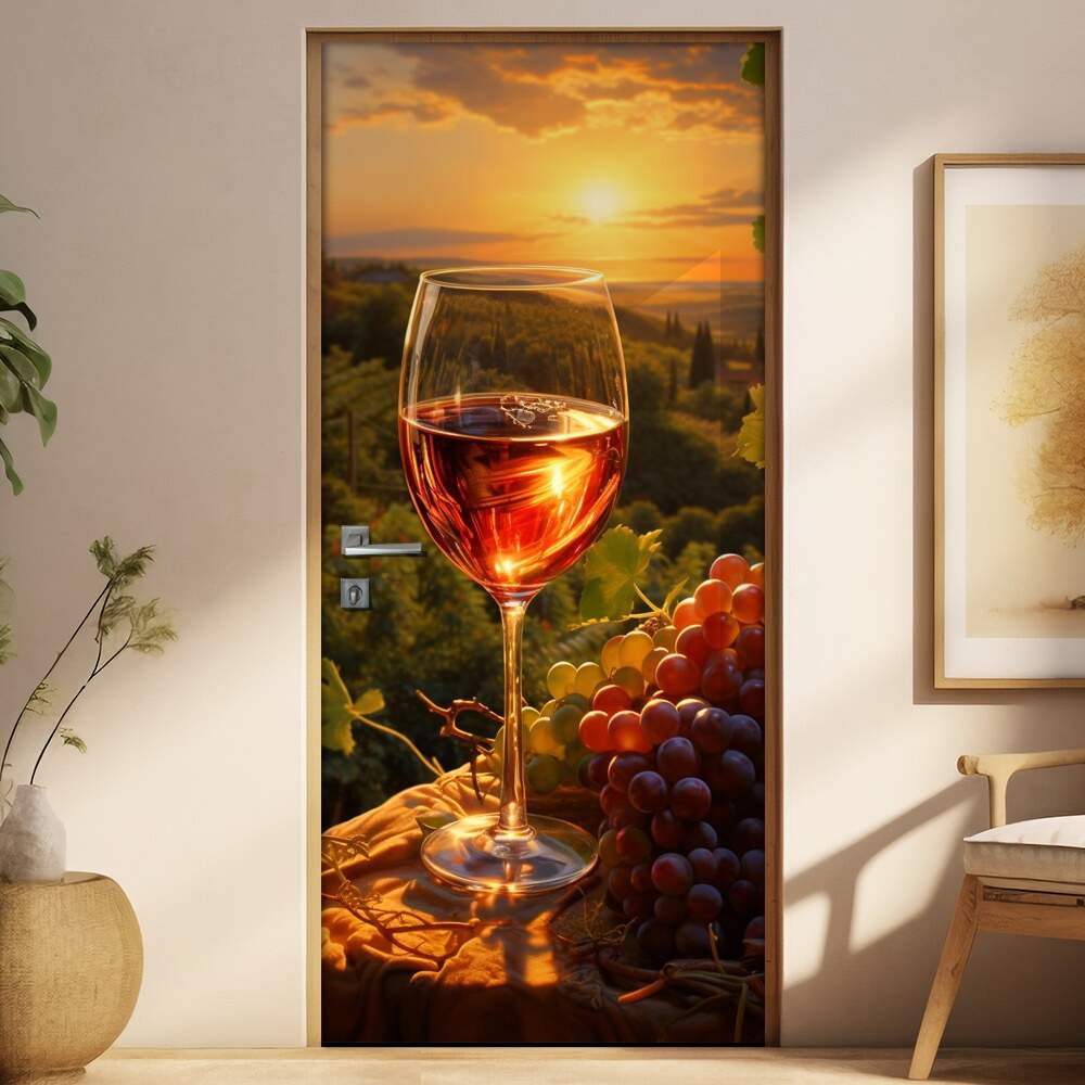 Adesivo Para Porta Taa de Vinho com Uvas e Pr-do-Sol