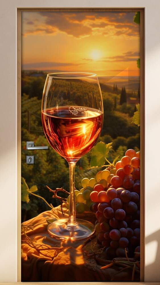 Adesivo Para Porta Ta�a de Vinho com Uvas e P�r-do-Sol