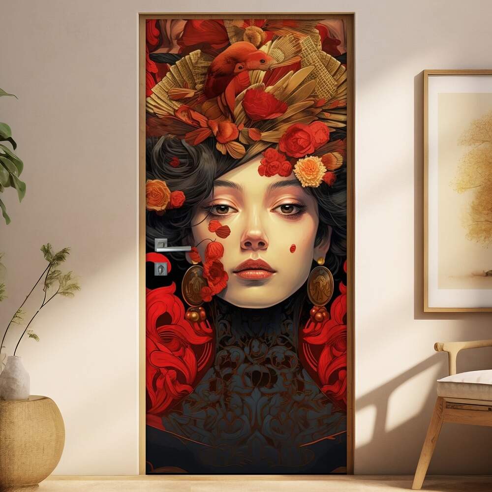 Adesivo Para Porta Gueixa com Flores Vermelhas