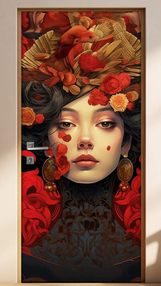 Adesivo Para Porta Gueixa com Flores Vermelhas