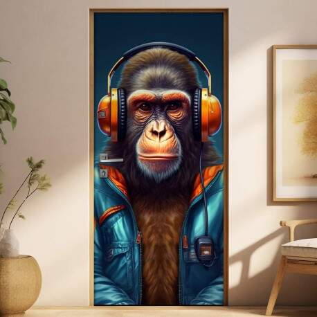 Adesivo Para Porta Macaco com Fones de Ouvido Azul