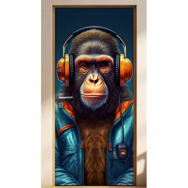 Adesivo Para Porta Macaco com Fones de Ouvido Azul
