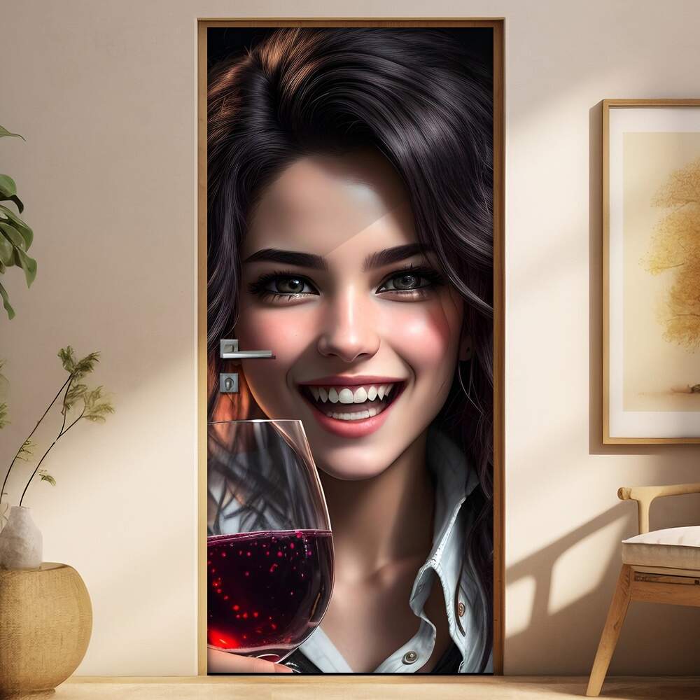 Adesivo Para Porta Mulher com Taa de Vinho