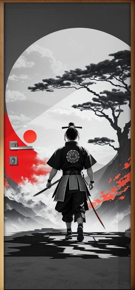 Adesivo Para Porta Samurai Preto, Branco e Vermelho