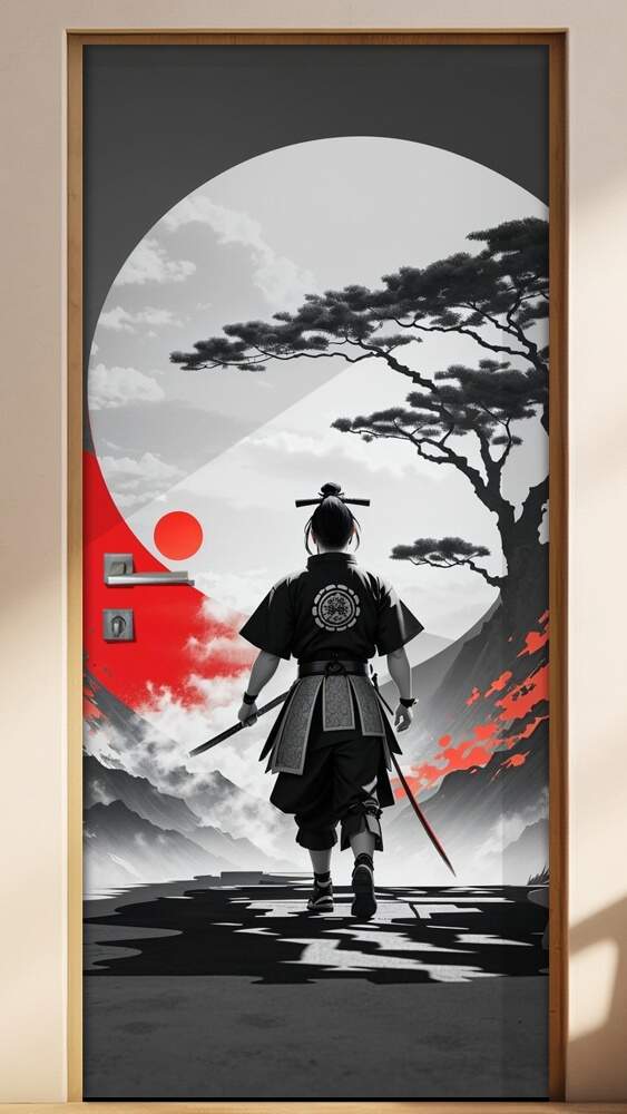 Adesivo Para Porta Samurai Preto, Branco e Vermelho