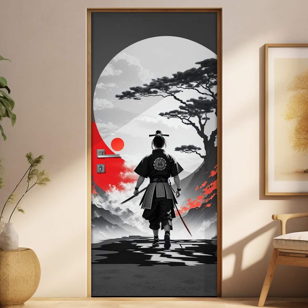 Adesivo Para Porta Samurai Preto, Branco e Vermelho