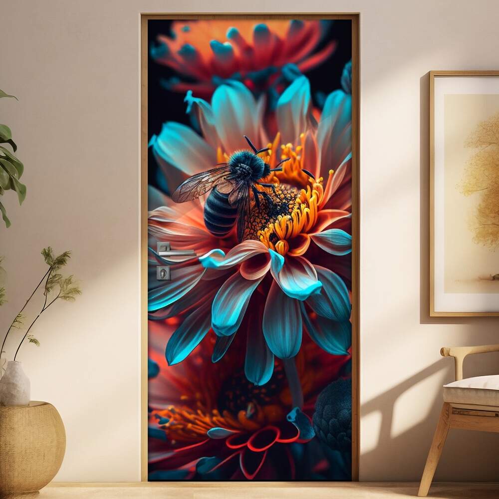 Adesivo Para Porta Abelha Sobre Uma Flor Azul