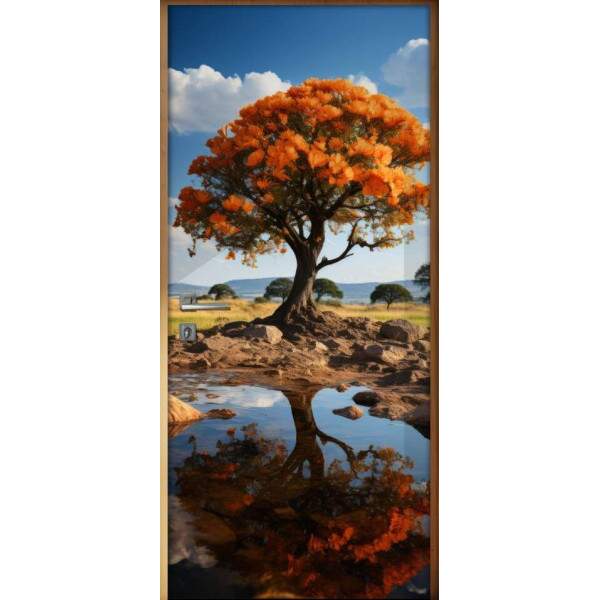 Adesivo Para Porta rvores de Folhas Laranjas em Frente ao Lago