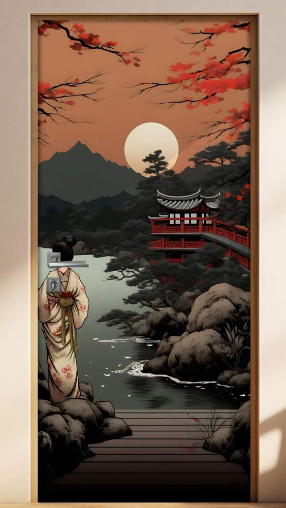 Adesivo Para Porta Desenho de Uma Gueixa com P�r do Sol