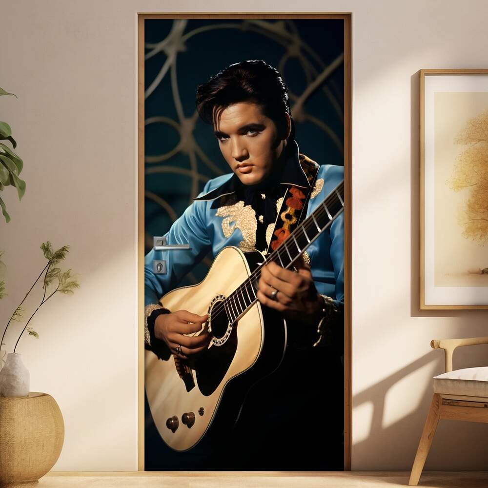 Adesivo Para Porta Elvis Presley de Azul com Violo