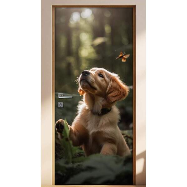 Adesivo Para Porta Fillhote de Golden Brincando na Floresta
