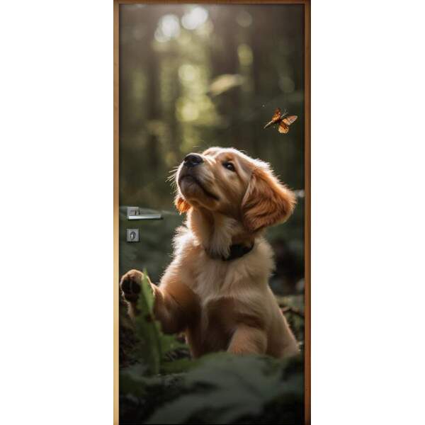 Adesivo Para Porta Fillhote de Golden Brincando na Floresta