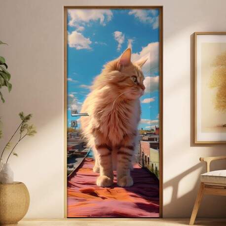 Adesivo Para Porta Gato Persa Amarelo com Fundo de Nuvens