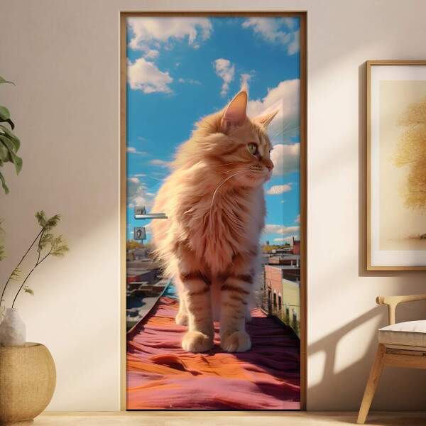 Adesivo Para Porta Gato Persa Amarelo com Fundo de Nuvens