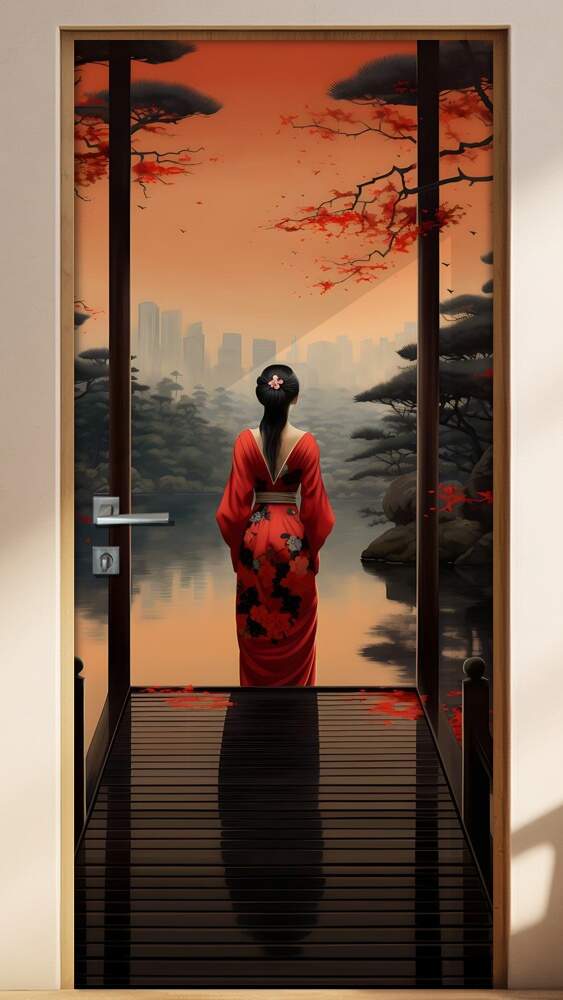 Adesivo Para Porta Gueixa de Kimono Vermelho