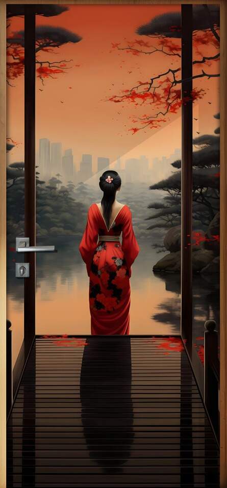 Adesivo Para Porta Gueixa de Kimono Vermelho