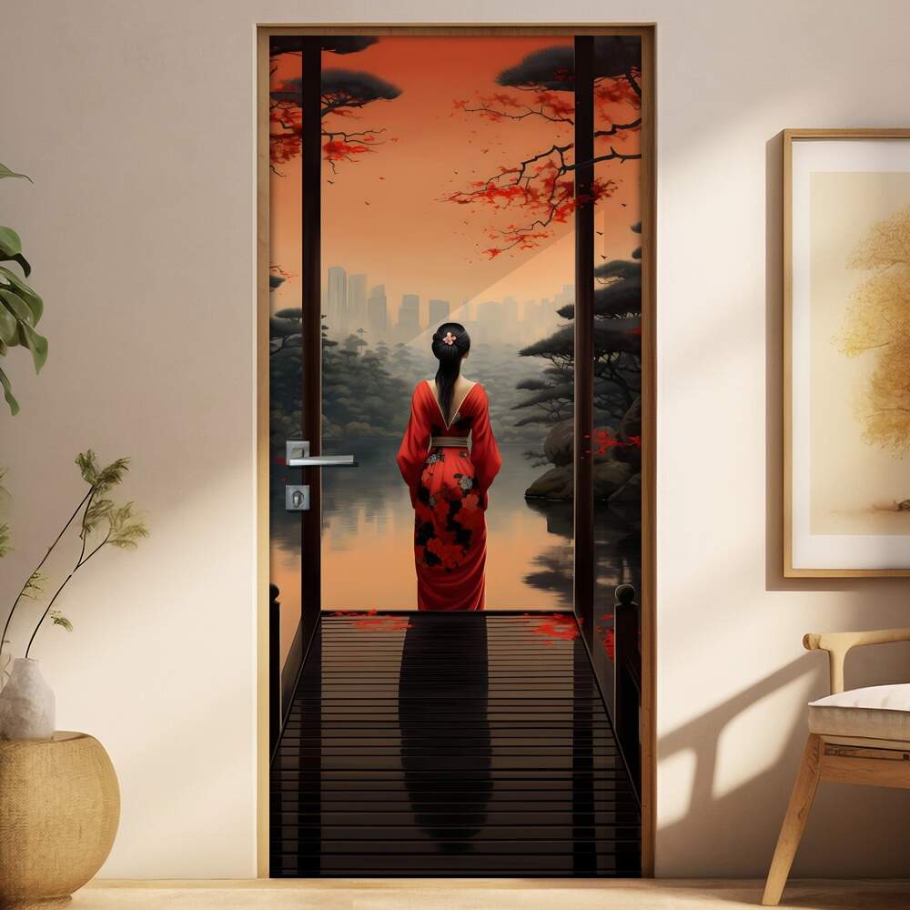 Adesivo Para Porta Gueixa de Kimono Vermelho