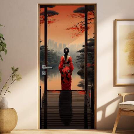 Adesivo Para Porta Gueixa de Kimono Vermelho