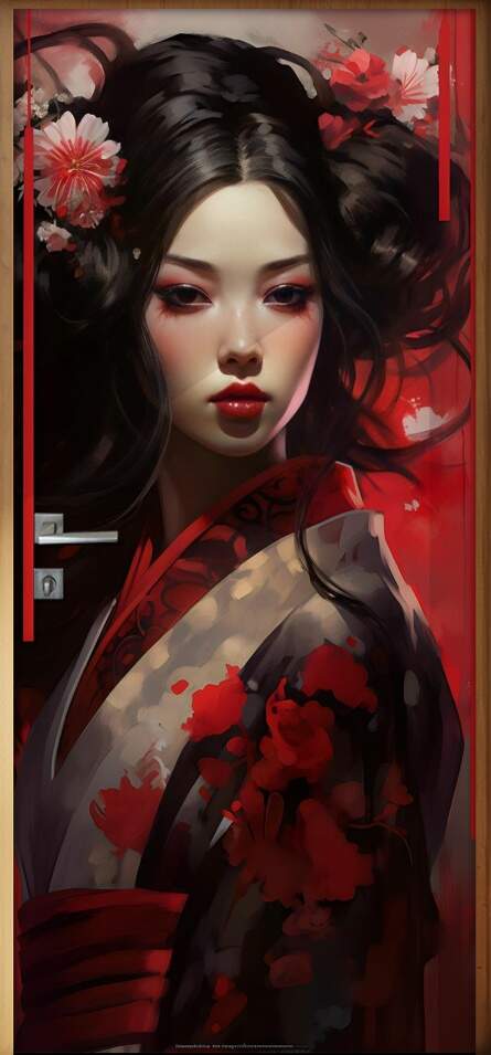 Adesivo Para Porta Gueixa de Vermelho com Pintura de Flores
