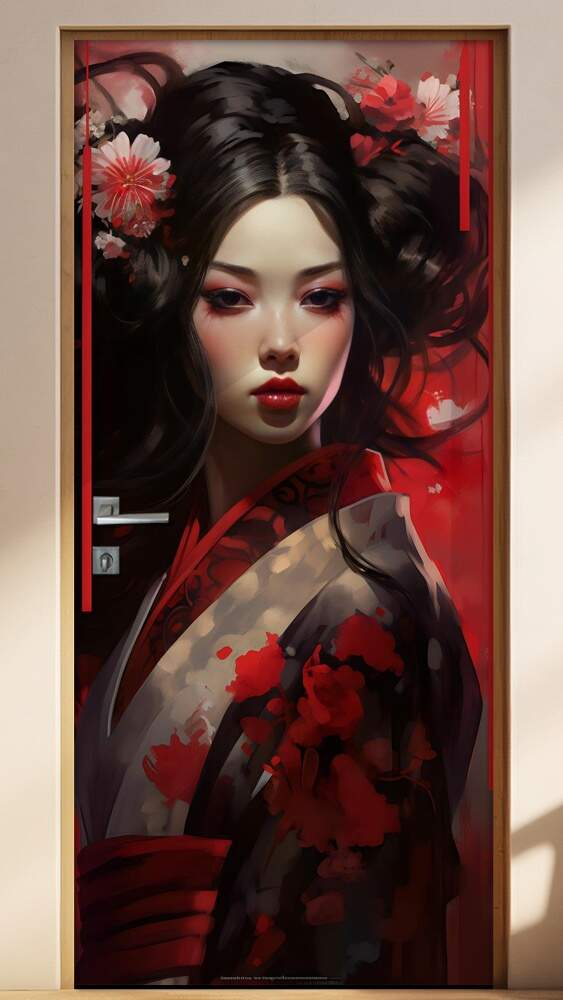 Adesivo Para Porta Gueixa de Vermelho com Pintura de Flores