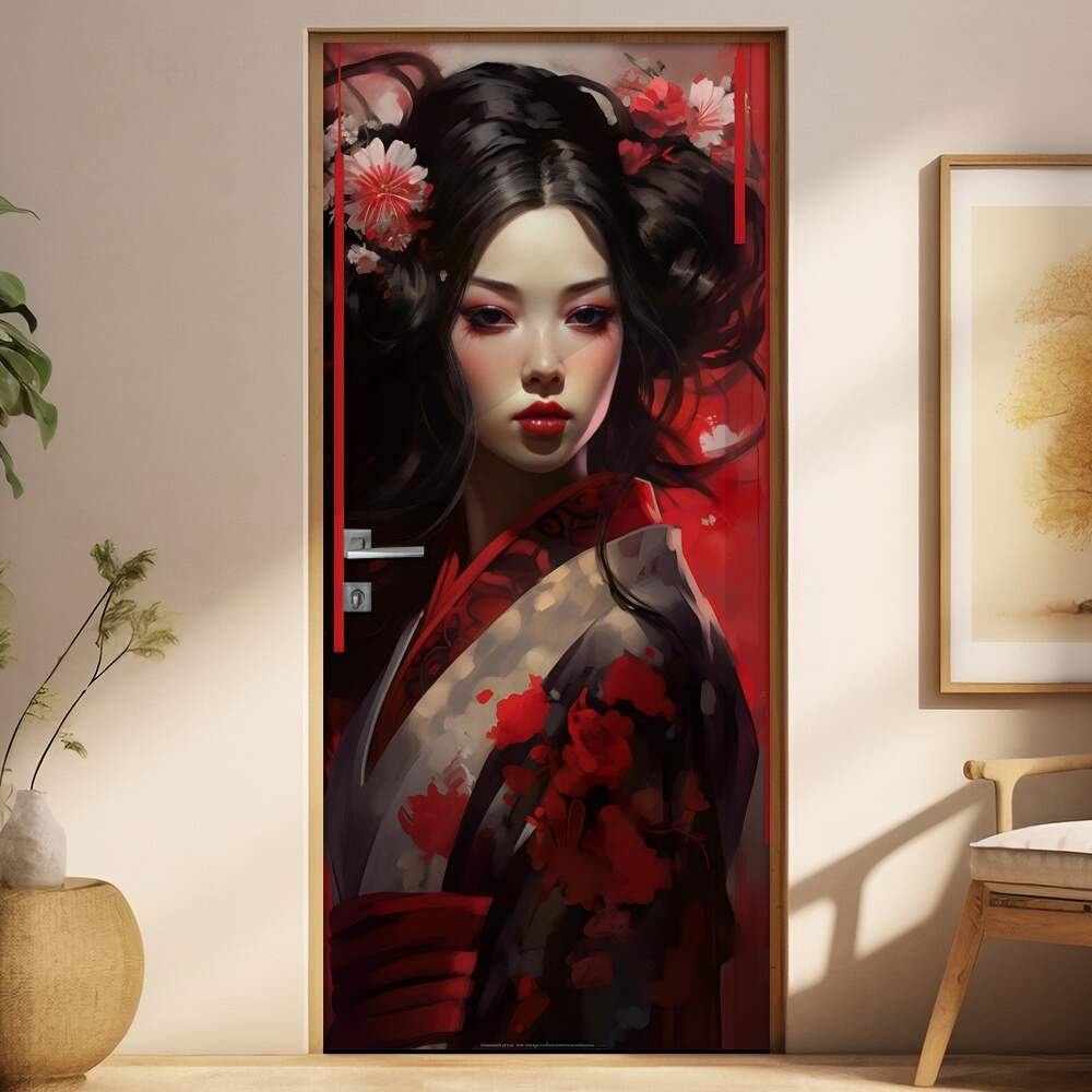 Adesivo Para Porta Gueixa de Vermelho com Pintura de Flores