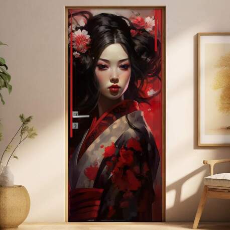 Adesivo Para Porta Gueixa de Vermelho com Pintura de Flores