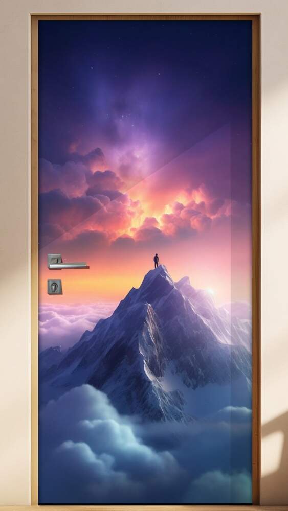 Adesivo Para Porta Homem no Topo de Montanha com Lindo P�r do Sol