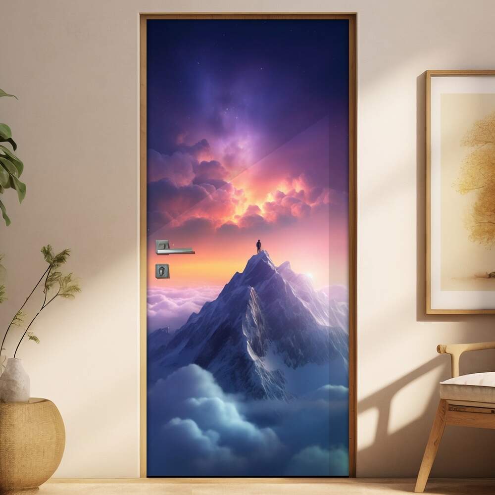 Adesivo Para Porta Homem no Topo de Montanha com Lindo Pr do Sol