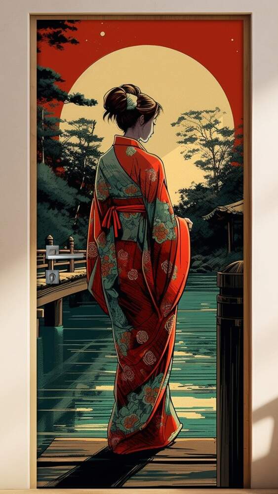 Adesivo Para Porta Mulher Gueixa em Frente a Lua Cheia